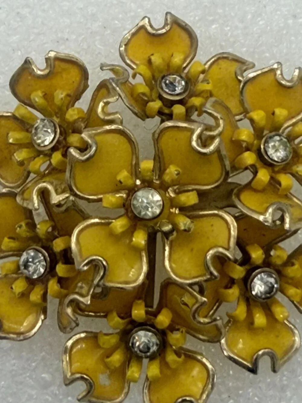 Vintage Yellow Floral Cluster Brooch Pin with Rhinestones
